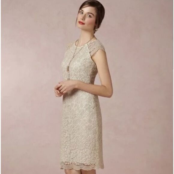 Anthropologie Mignon Doo Gold Metallic Flower Lace Overlay Mint Sheath - Picture 1 of 17